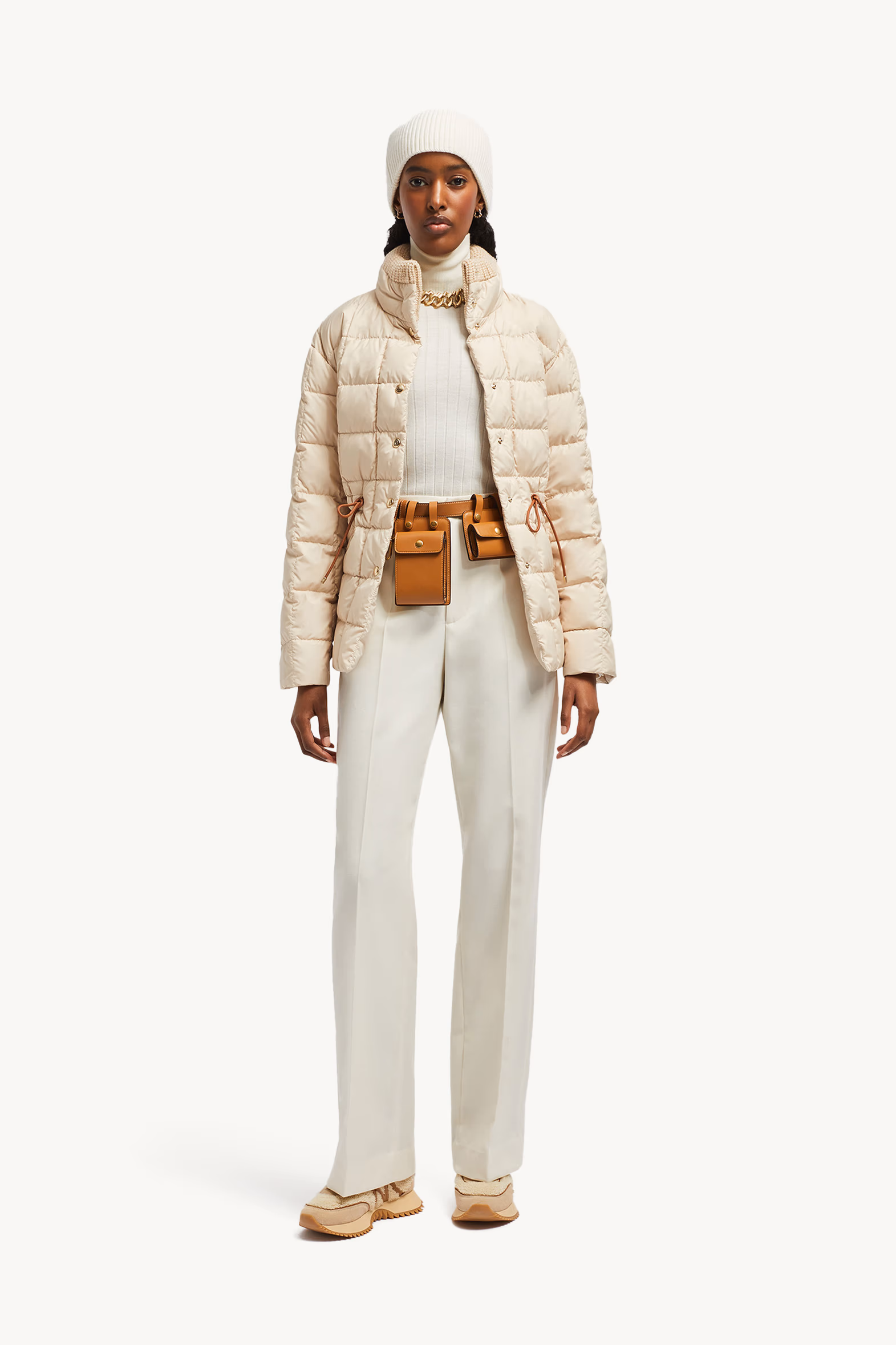 Plumífero corto con ribetes de piel Antigone Mujer Beige Moncler 0